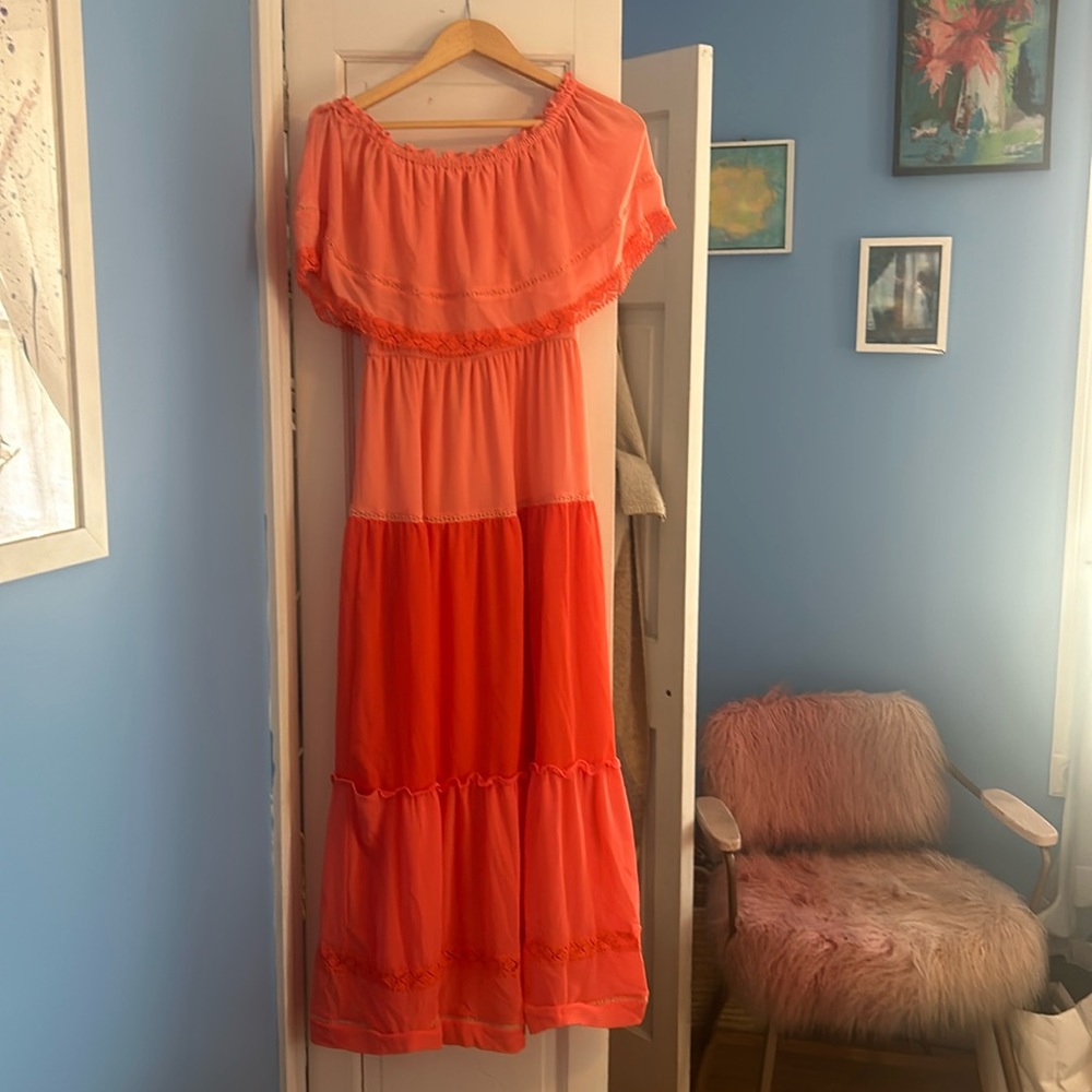 Coral and pink off the shoulder maxi dress